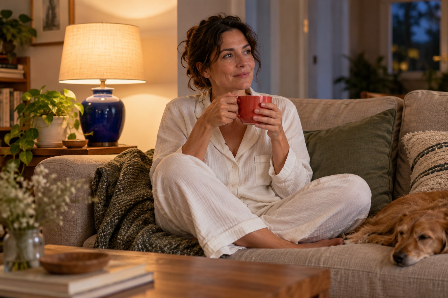 Mujer en pijama blanco tomando un té en el sofá, en un momento de calma