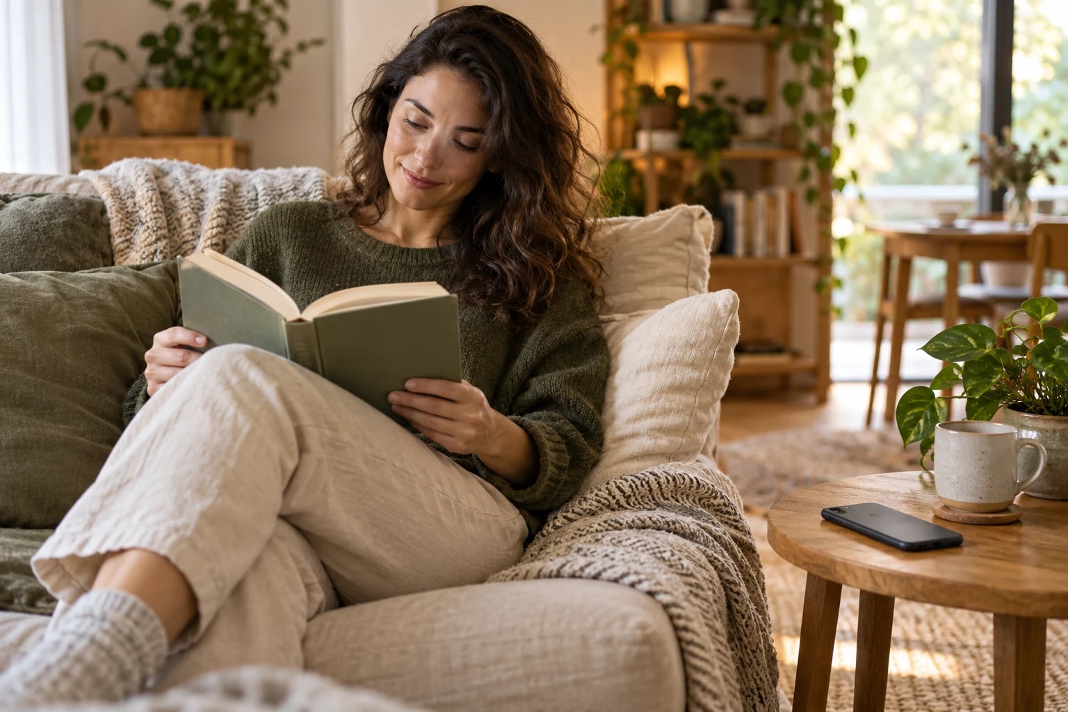 Mujer leyendo un libro en el sofá con el móvil apartado