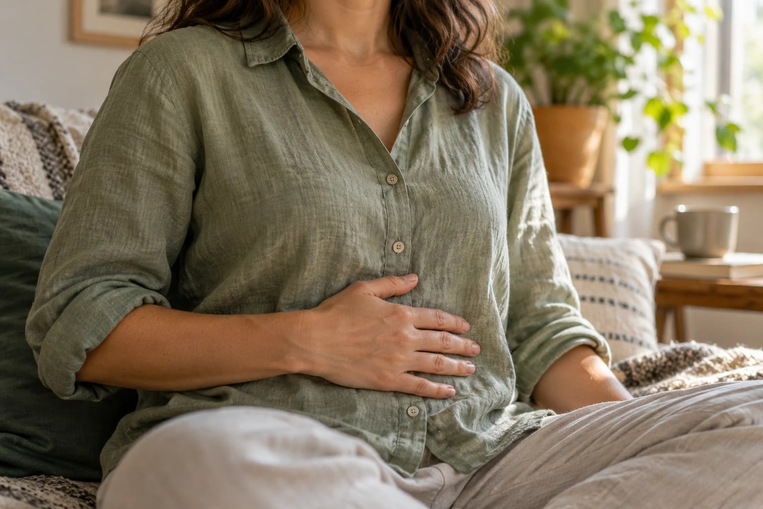 Persona sentada con una mano sobre el abdomen, observando su respiración